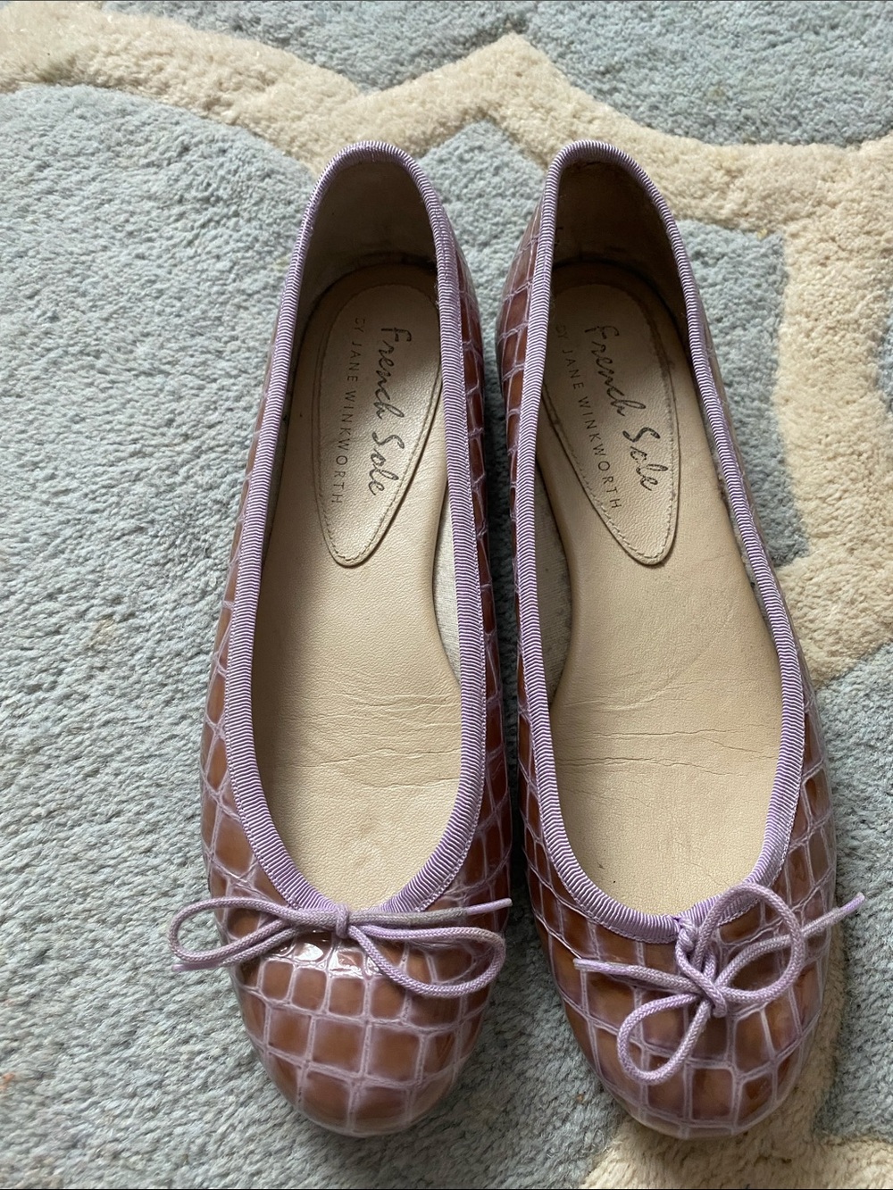French Sole Brown Croc Ballet Flats with Lilac Trim - Picture 2 of 15